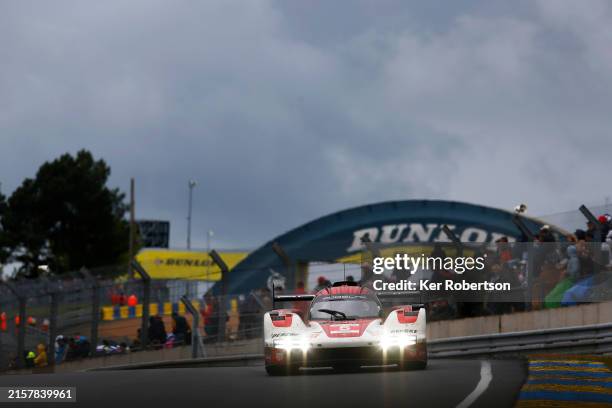 The Porsche Penske Motorsport, Porsche 963 of Matt Campbell, Michael Christensen, and Frederic Makowiecki drives during the 24 Hours of Le Mans at...