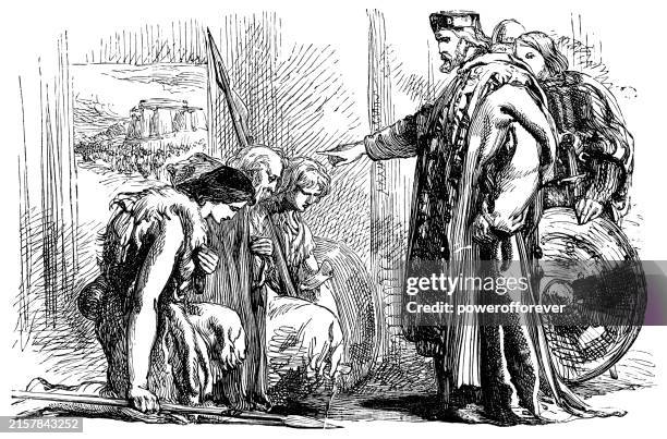 belarius, guiderius, and arviragus being knighted by the king in cymbeline - works of william shakespeare - iron age stock illustrations