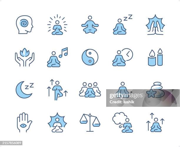 stockillustraties, clipart, cartoons en iconen met yoga & meditation icon set. editable stroke weight. pixel perfect dichromatic icons. - spirituele verlichting