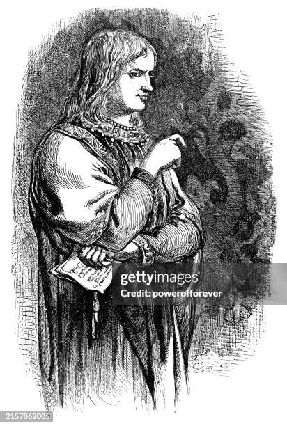 edmund holding the forged letter from edgar in king lear - works of william shakespeare - south bend indiana stock illustrations