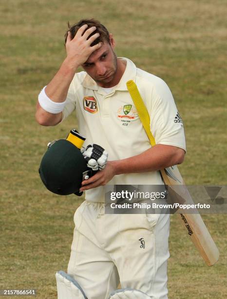 Phillip Hughes of Australia leaves the field on 17 not out at the end of day two of the tour match between Sussex and Australia at Hove, Brighton,...