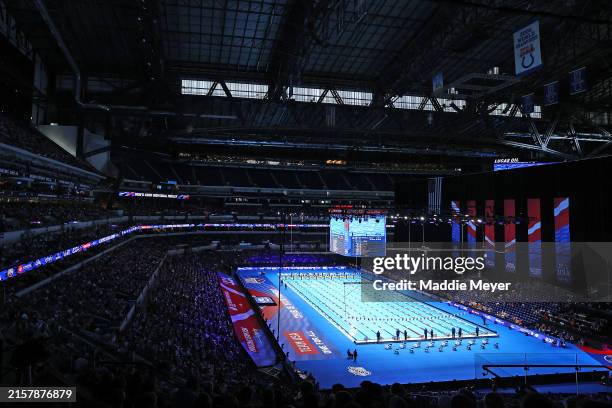 General view of the pool on Day Two of the 2024 U.S. Olympic Team Swimming Trials at Lucas Oil Stadium on June 16, 2024 in Indianapolis, Indiana.
