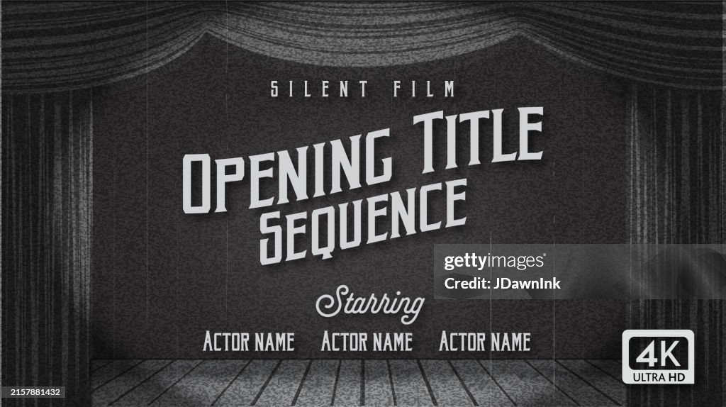 Black and white retro Silent Film Title Screen template design with stage curtains sample text lot's of grain texture 4k aspect ratio