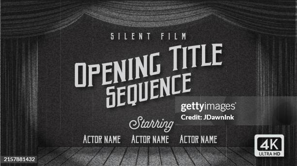 black and white retro silent film title screen template design with stage curtains sample text lot's of grain texture 4k aspect ratio - theatrical performance stock illustrations