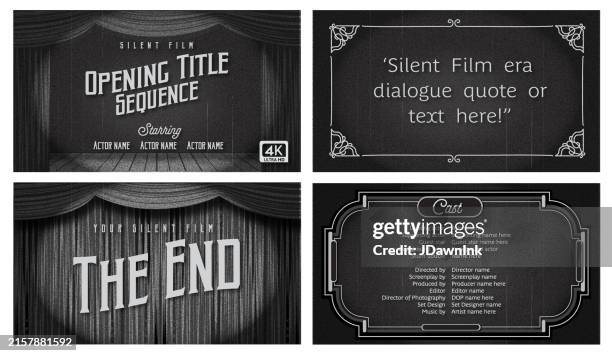 set von schwarz-weiß-retro-stummfilm-titelbildschirm-vorlagendesigns mit bühnenvorhängen beispieltexte lots of grain textur 4k seitenverhältnis - bühnentheater stock-grafiken, -clipart, -cartoons und -symbole