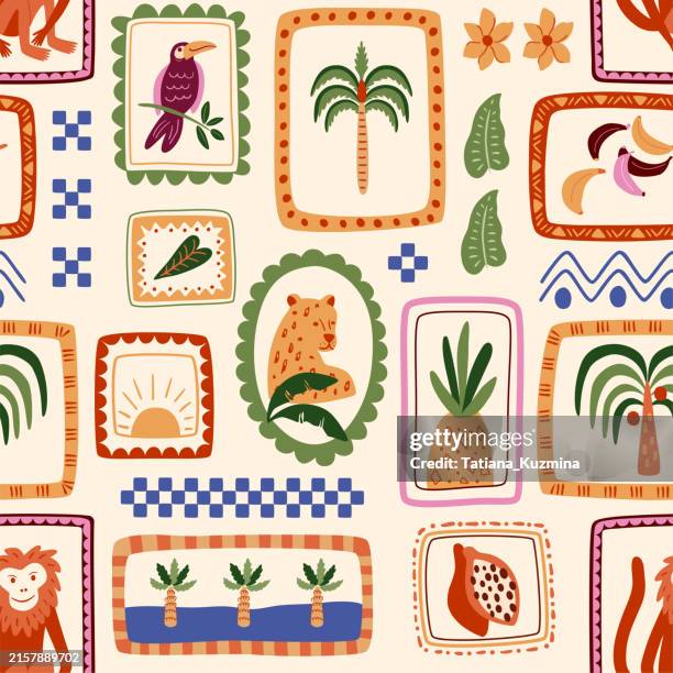 tropical patchwork seamless pattern. vector cute jungle palm tree, monkey animal , jaguar, toucan bird print - monkey business images stock illustrations