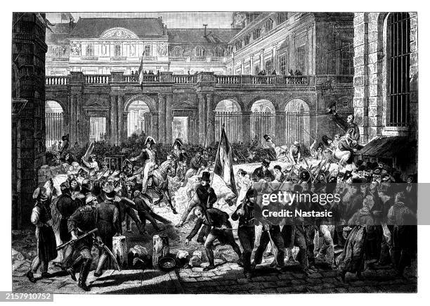 the duke of orleans leaves the palais-royal and goes to the hotel de ville on 31st july 1830 - palais royal stock illustrations