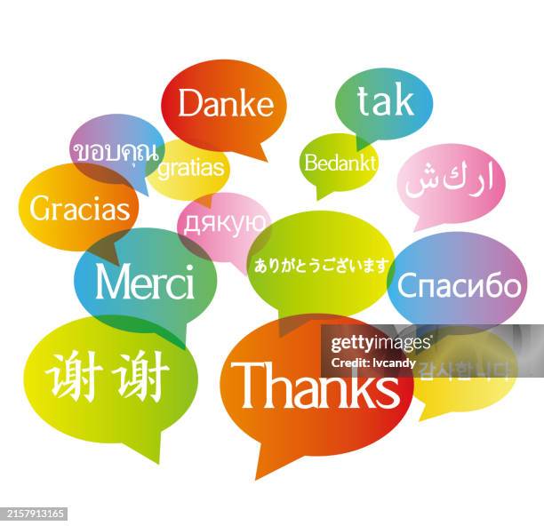 multiple languages say "thanks" - globe different languages stock illustrations