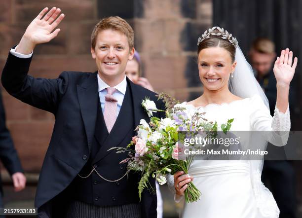 Hugh Grosvenor, Duke of Westminster and Olivia Grosvenor, Duchess of Westminster leave Chester Cathedral following their wedding ceremony on June 7,...