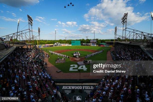 General view of Rickwood Field during pregame ceremonies prior to the 2024 Rickwood game between the San Francisco Giants and the St. Louis Cardinals...
