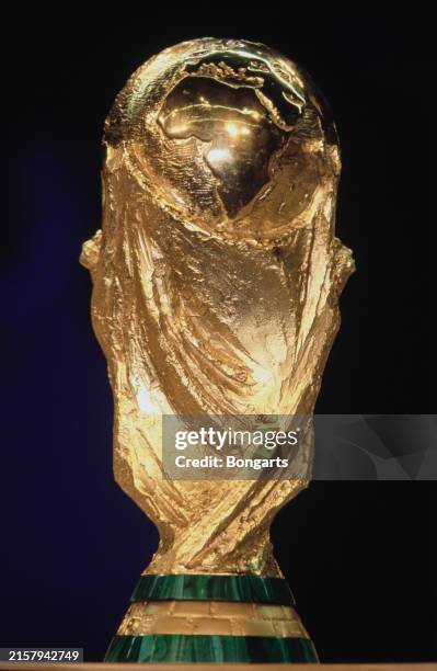 The FIFA World Cup trophy on display at the 51st FIFA Congress, at the Equinox congress hall in Paris, France, 8th June 1998.