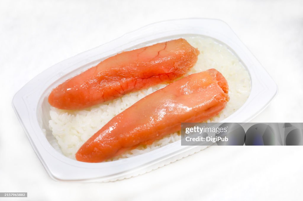 Pollock Roe (Tarako) Over Rice in a Plastic Container