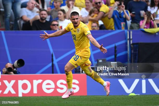 Razvan Marin of Romania celebrates scoring his team's second goal during the UEFA EURO 2024 group stage match between Romania and Ukraine at Munich...