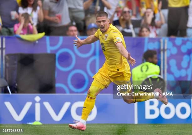 Razvan Marin of Romania celebrates scoring the second goal during the UEFA EURO 2024 group stage match between Romania and Ukraine at Munich Football...