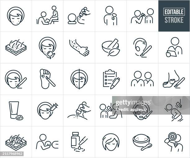 illustrazioni stock, clip art, cartoni animati e icone di tendenza di dermatologia icone linea sottile - tratto modificabile - allergia