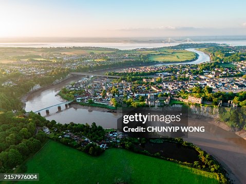 Drone view of Chepstow at morning, Wales, UK Drone view of Chepstow at morning, Wales, UK
