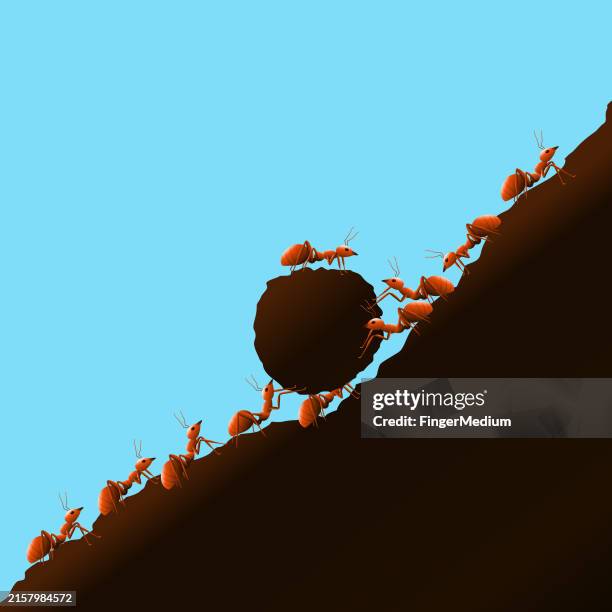 ants are pushing heavy stones, teamwork concepts - uphill stock illustrations