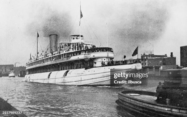antique photograph of chicago: steamer on lake michigan - 19th century transport stock illustrations