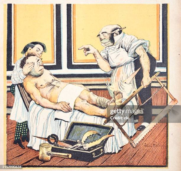 surgeon discusses with a foot patient whether the foot should be amputated or not - foot doctor stock illustrations