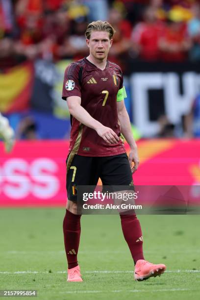 Kevin De Bruyne of Belgium looks dejected after the UEFA EURO 2024 group stage match between Belgium and Slovakia at Frankfurt Arena on June 17, 2024...