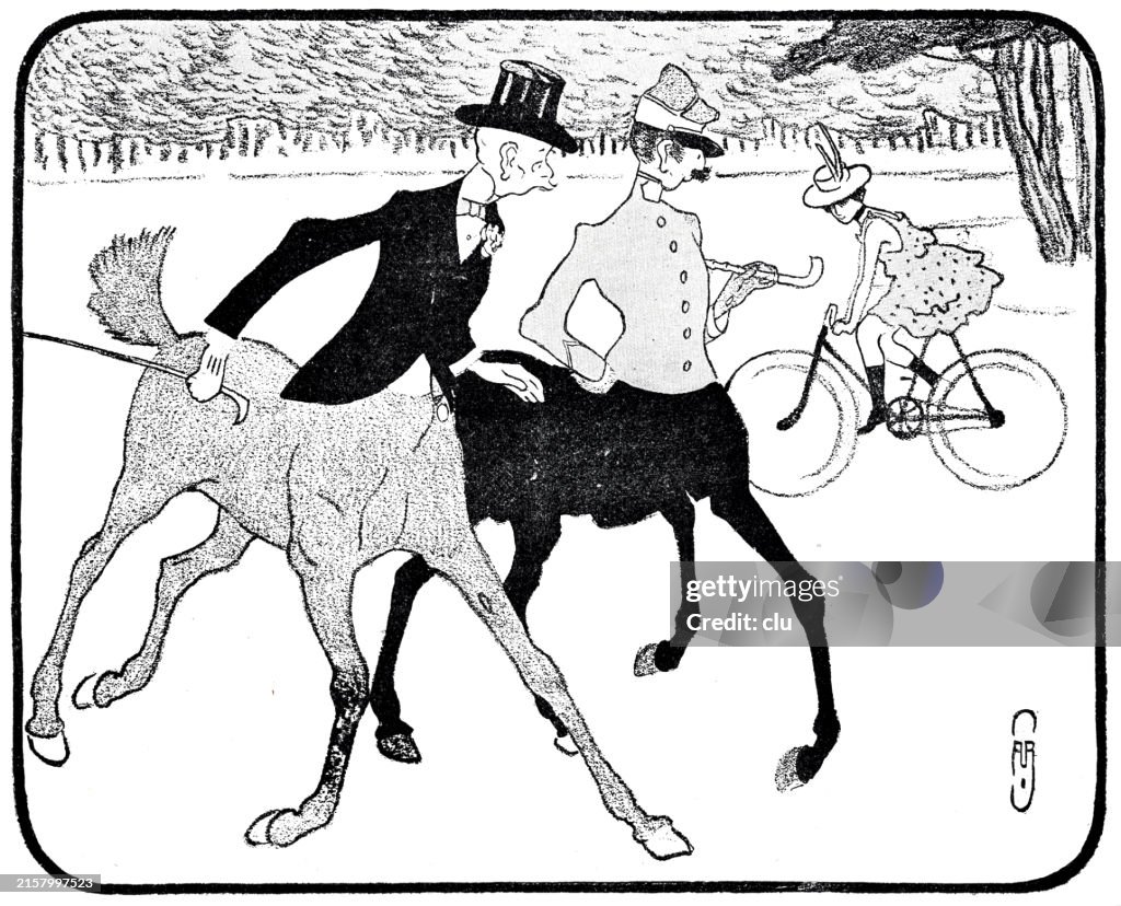 Two male centaurs with hats meet a female bicyclist in the bois de Boulogne
