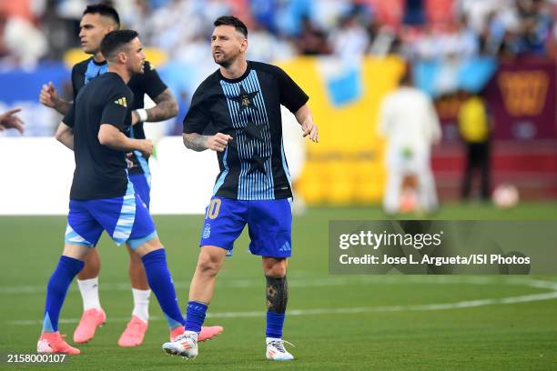 Lionel Messi of the Argentina National Team warming up during a game between Guatemala and Argentina at FedexField on June 14, 2024 in Landover,...