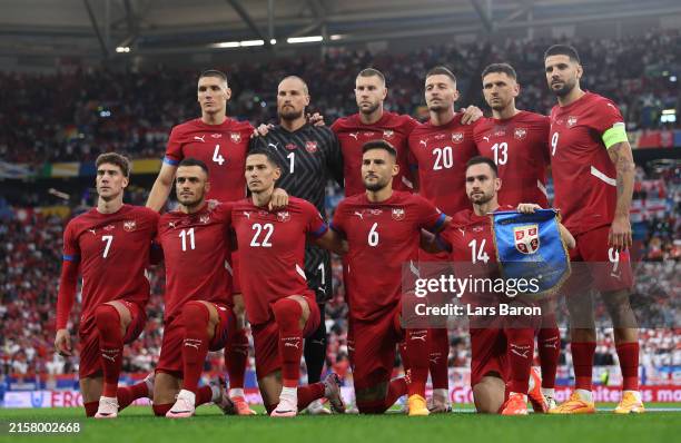 Players of Serbia pose for a team photograph prior to the UEFA EURO 2024 group stage match between Serbia and England at Arena AufSchalke on June 16,...