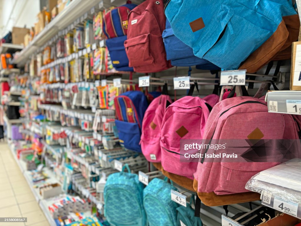 School backpacks at stationery shop