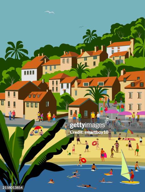 tropical beach holiday - villa stock illustrations