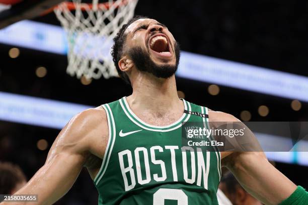 Jayson Tatum of the Boston Celtics reacts after a play during the second quarter of Game Five of the 2024 NBA Finals against the Dallas Mavericks at...