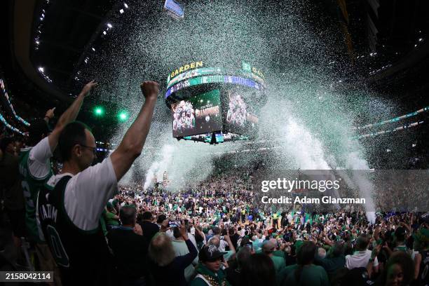 Confetti falls after the Boston Celtics 106-88 win against the Dallas Mavericks in Game Five of the 2024 NBA Finals at TD Garden on June 17, 2024 in...