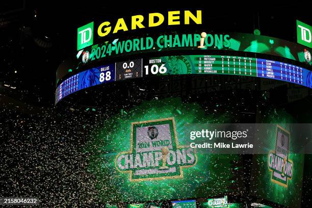 The scoreboard is seen after the Boston Celtics defeated the Dallas Mavericks 106-88 during Game Five of the 2024 NBA Finals at TD Garden on June 17,...
