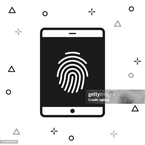 tablet pc with fingerprint. icon on white background - password protected tablet stock illustrations