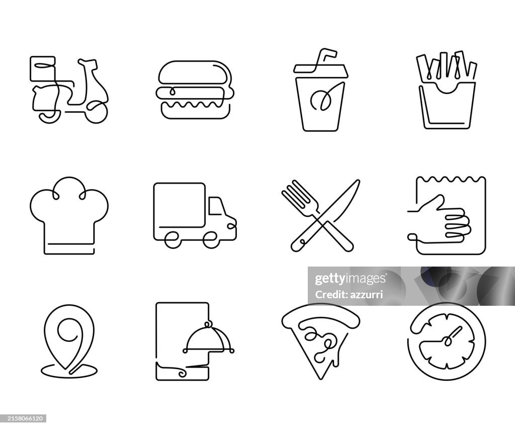 Fast Food Delivery Continuous Line Icons.