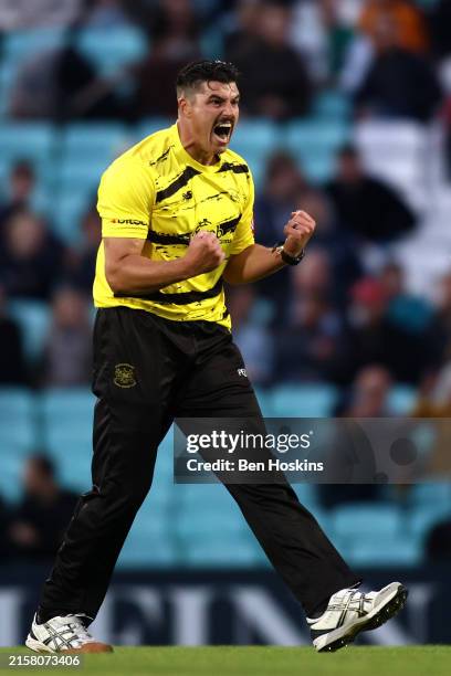 Marchant de Lange of Gloucestershire celebrates taking a wicket during the Vitality T20 Blast match between Surrey and Gloucestershire at The Kia...