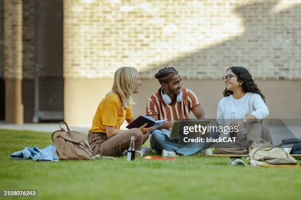 group of students hanging out and discussing the school project while using laptop - campus imagens e fotografias de stock