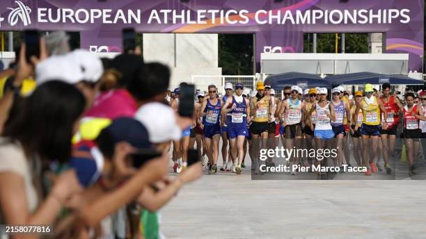 View of the athletes at the start of the Men's 20km Race Walk Final during day two of the 26th European Athletics Championships - Rome 2024 at Stadio...