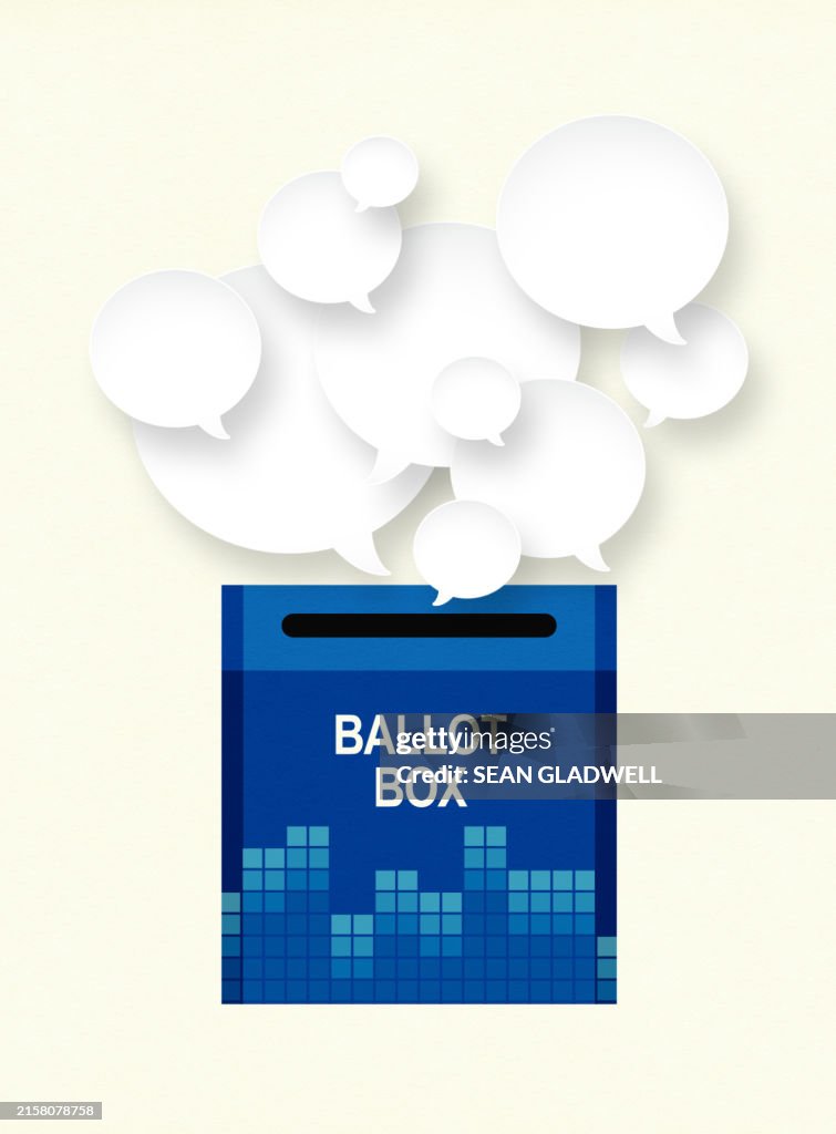 Blue ballot box and speech bubbles