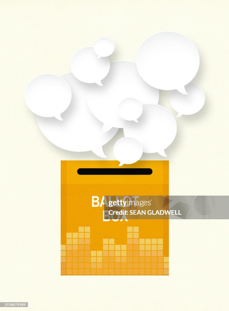 Speech bubbles over yellow ballot box