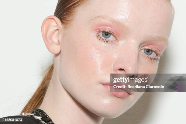 Model, make up detail, is posing backstage at the Dhruv Kapoor fashion show during the Milan Menswear Fall/Winter 2024-2025 on June 17, 2024 in...