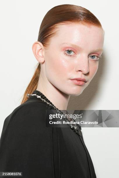 Model is posing backstage at the Dhruv Kapoor fashion show during the Milan Menswear Fall/Winter 2024-2025 on June 17, 2024 in Milan, Italy.