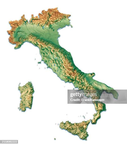 italy 3d render topographic map color isolated - topographic map of italy stock pictures, royalty-free photos & images
