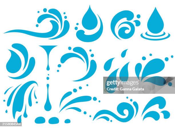 water elements set, liquid droplets, splash, swirl and wave set - drop down stock illustrations