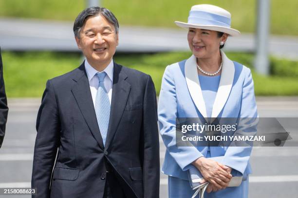 Japan's Emperor Naruhito and Empress Masako arrive at Haneda airport before the Emperor and Empress' departure for Britain, in Tokyo on June 22, 2024.
