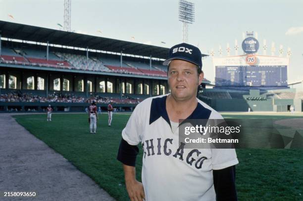 American baseball pitcher Wilbur Wood of the Chicago White Sox at Comiskey Park stadium in Chicago, Illinois, 1977.