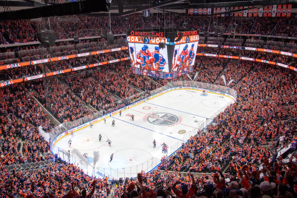 General view of fans celebrating after a goal during Game Six of the 2024 Stanley Cup Final between the Edmonton Oilers and the Florida Panthers at...