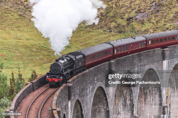 steam train crossing the viaduct - history and progress of the steam engine stock pictures, royalty-free photos & images