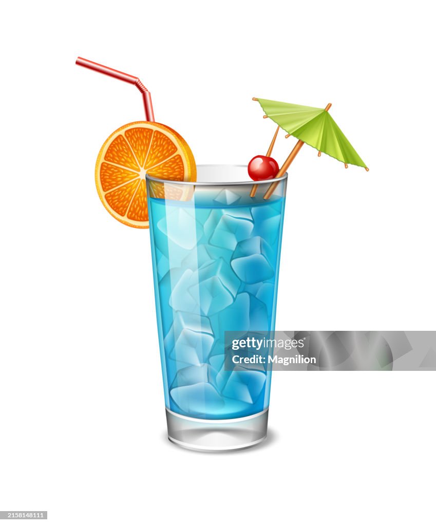 Blue Lagoon Cocktail with Orange Slice, Cherry, and Green Umbrella, Tropical Summer Drink Vector Illustration
