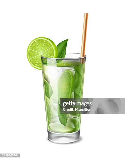 refreshing mojito cocktail with lime and mint in tall glass, summer drink vector illustration - mojito stock illustrations