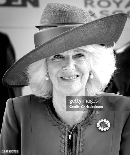 Queen Camilla on stage to present The St James’s Palace Stakes on day one of Royal Ascot 2024 at Ascot Racecourse on June 18, 2024 in Ascot, England.
